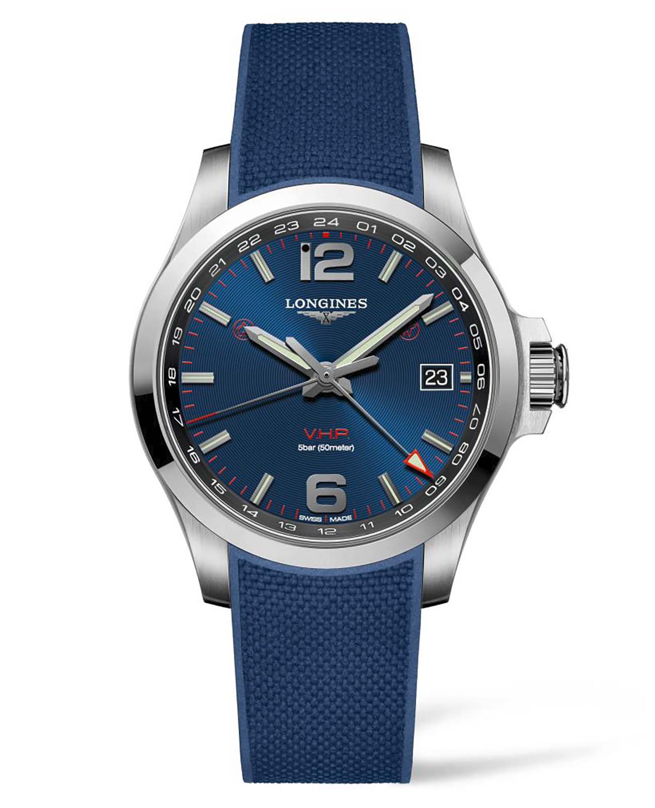 Longines Longines Conquest V.H.P. L3.718.4.96.9  L37184969 кварцевые мужские часы синий циферблат, браслет каучук — вид спереди